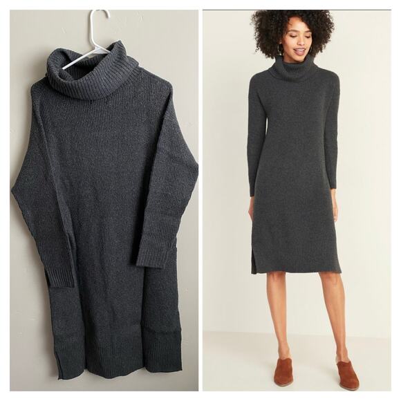 NWT Medium Old Navy Gray Shaker-Stitch Turtleneck Midi Long Sleeve Sweater Dress - Picture 2 of 7